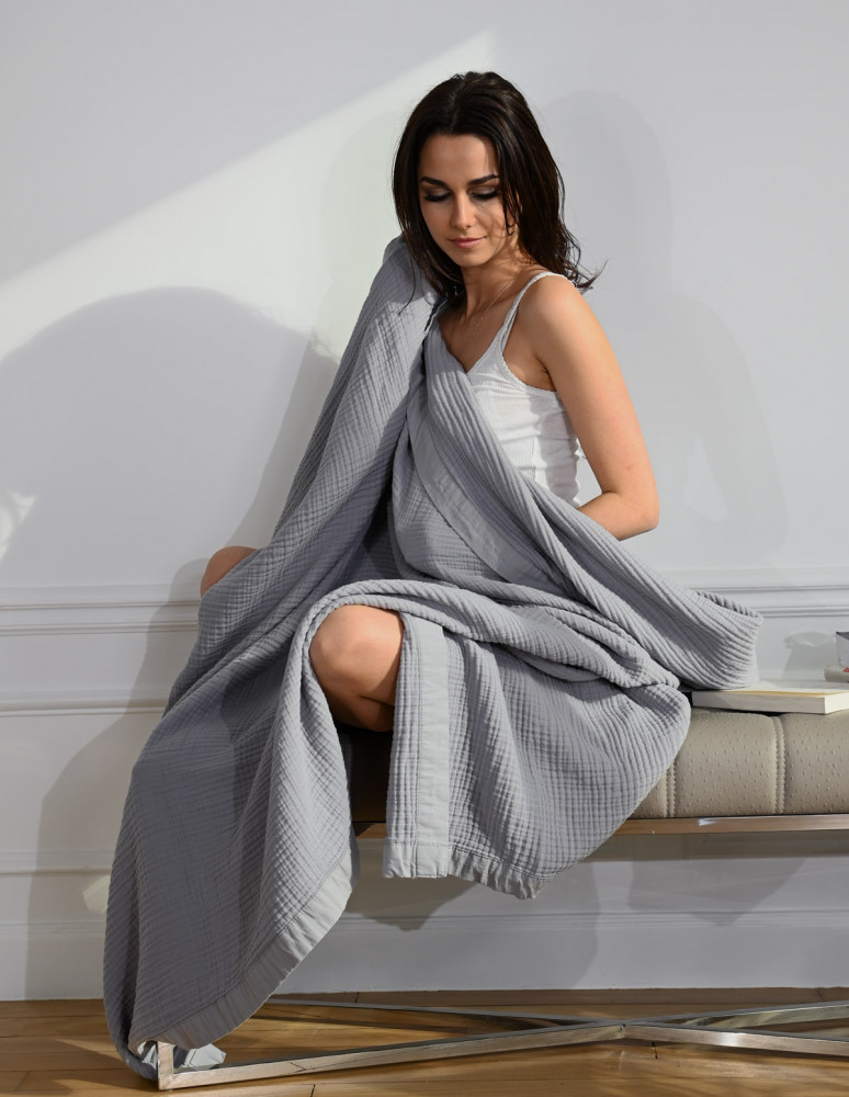 Plaid bordé uni gaze de coton LOFT